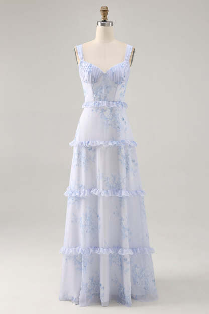 Leely Women Blue Floral Corset Maxi Wedding Guest Dress with Ruffles Chiffon Straps Ruched A Line Lace Up Back Bridesmaid Dress
