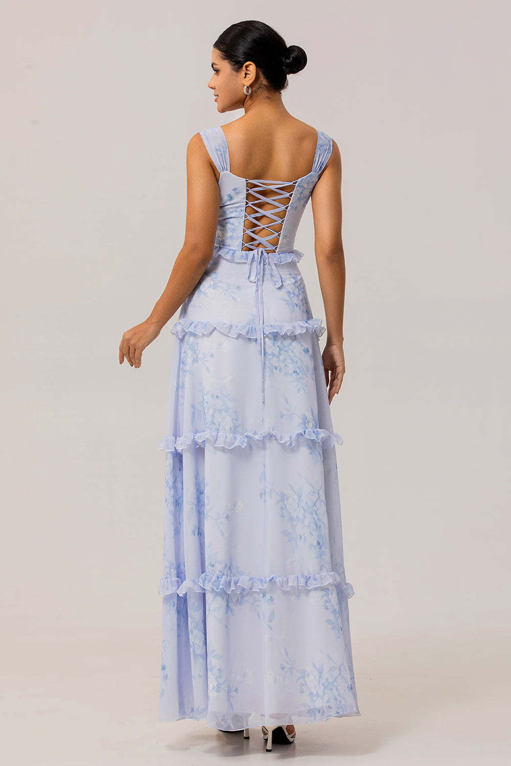 Blue Corset Floral Chiffon Maxi Wedding Guest Dress with Ruffles