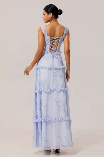 Blue Corset Floral Chiffon Maxi Wedding Guest Dress with Ruffles