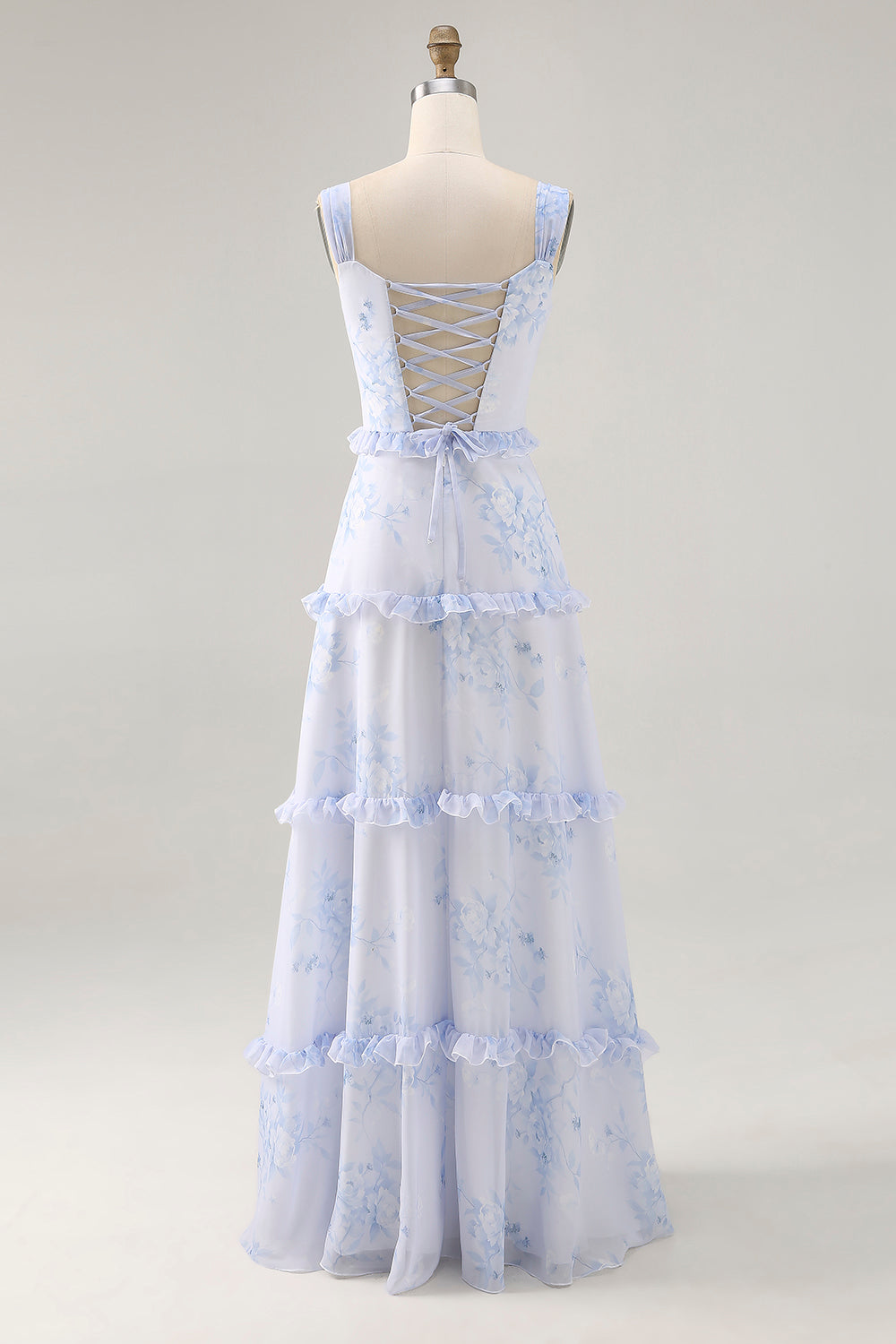 Blue Floral Chiffon Corset Tiered Maxi Wedding Guest Dress with Ruffles