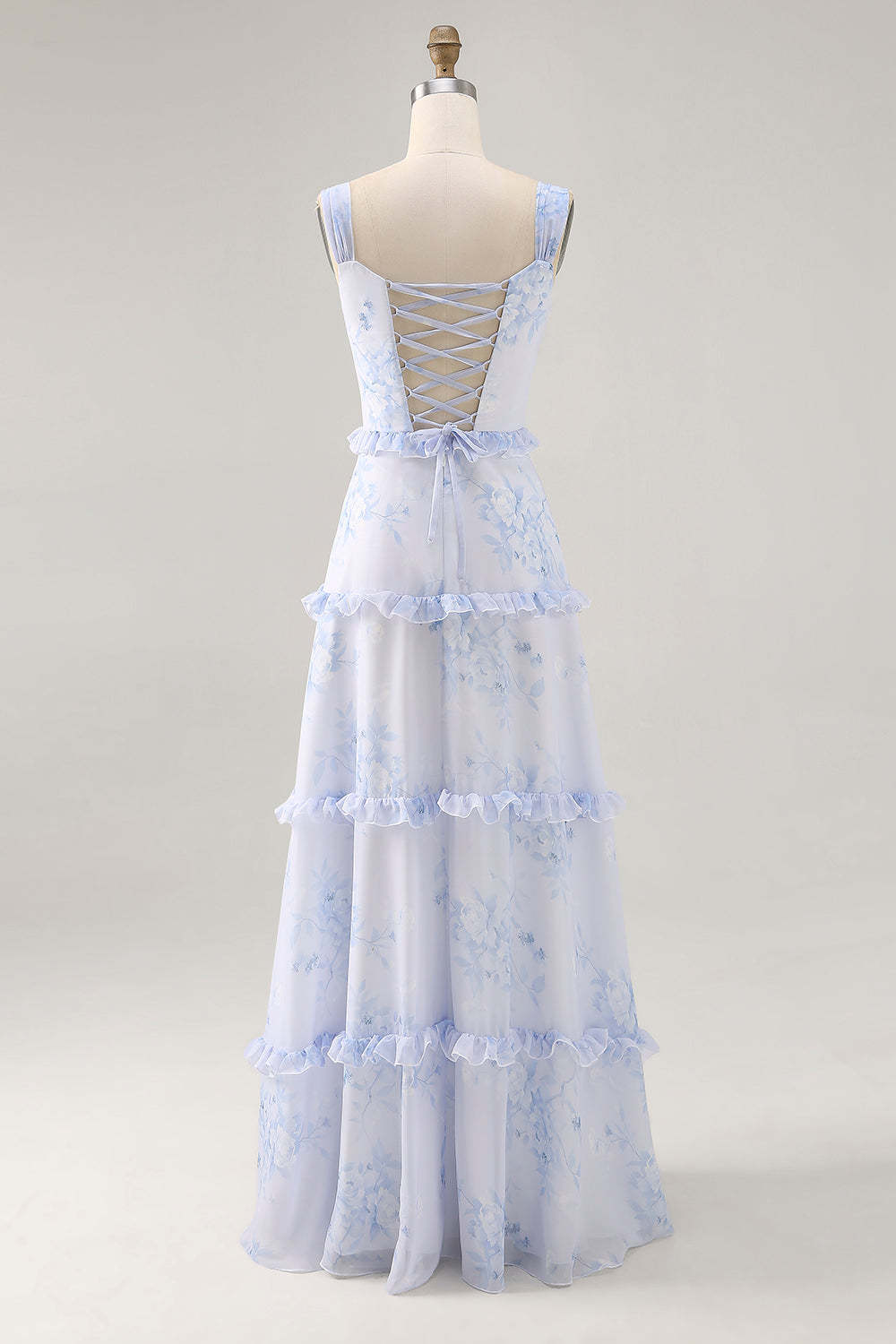 Blue Floral Chiffon Corset Tiered Maxi Wedding Guest Dress with Ruffles