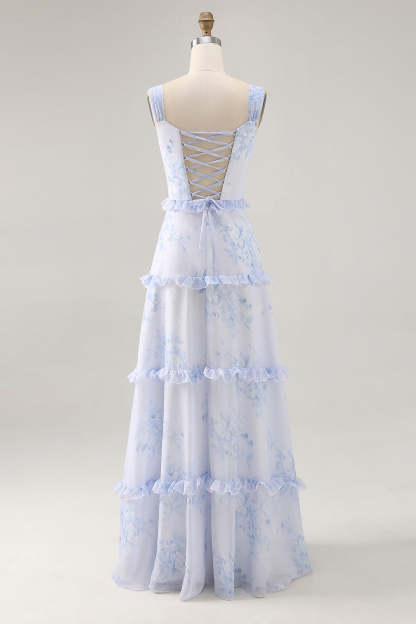 Blue Floral Chiffon Corset Tiered Maxi Wedding Guest Dress with Ruffles