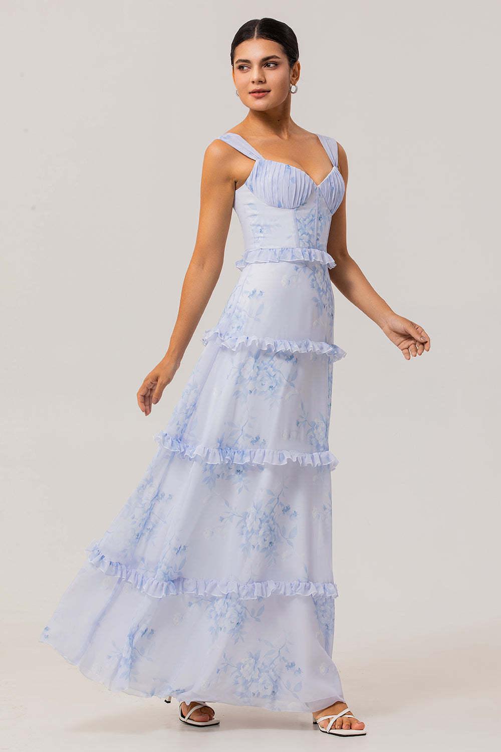 Blue Corset Floral Chiffon Maxi Wedding Guest Dress with Ruffles