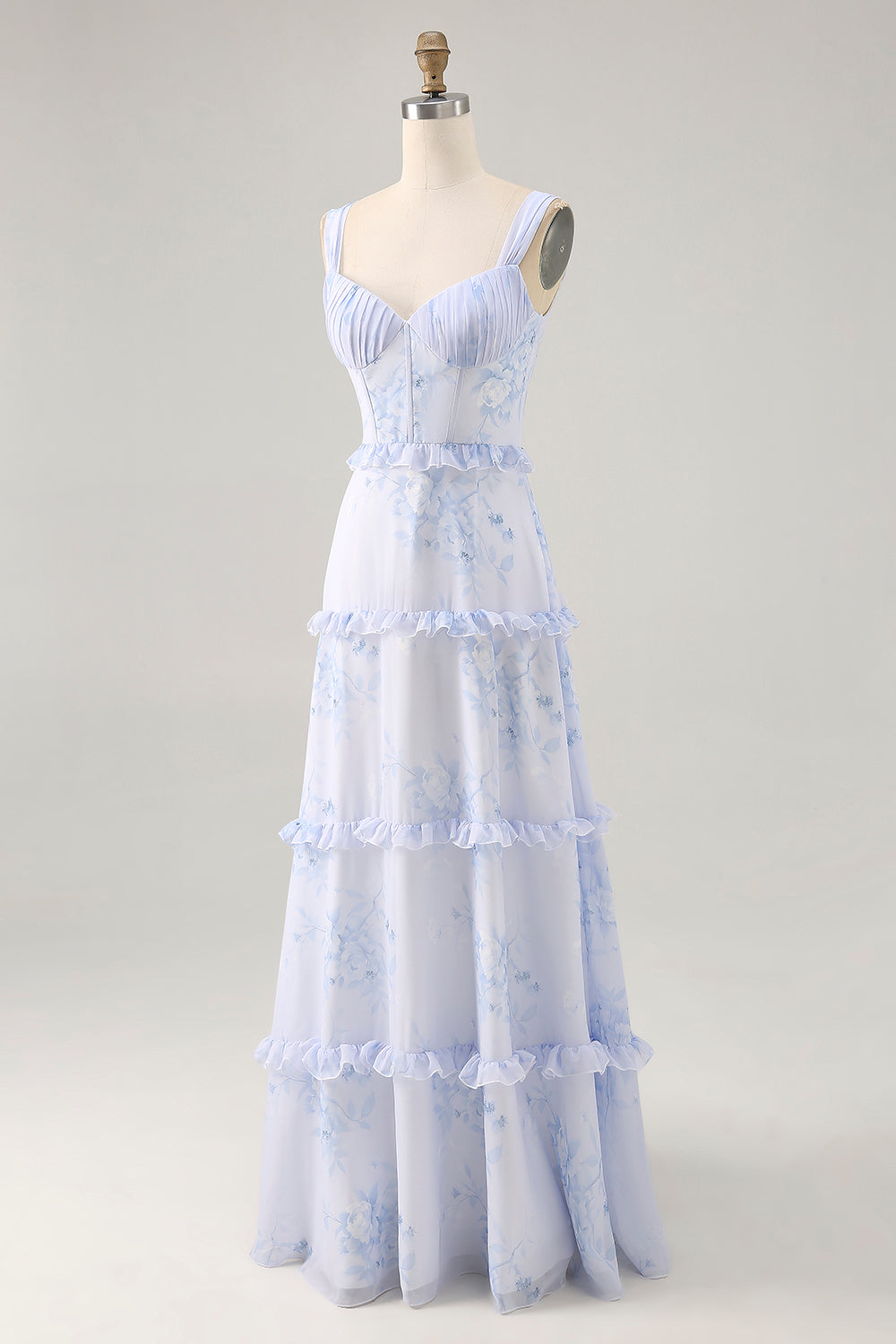 Blue Floral Chiffon Corset Tiered Maxi Wedding Guest Dress with Ruffles