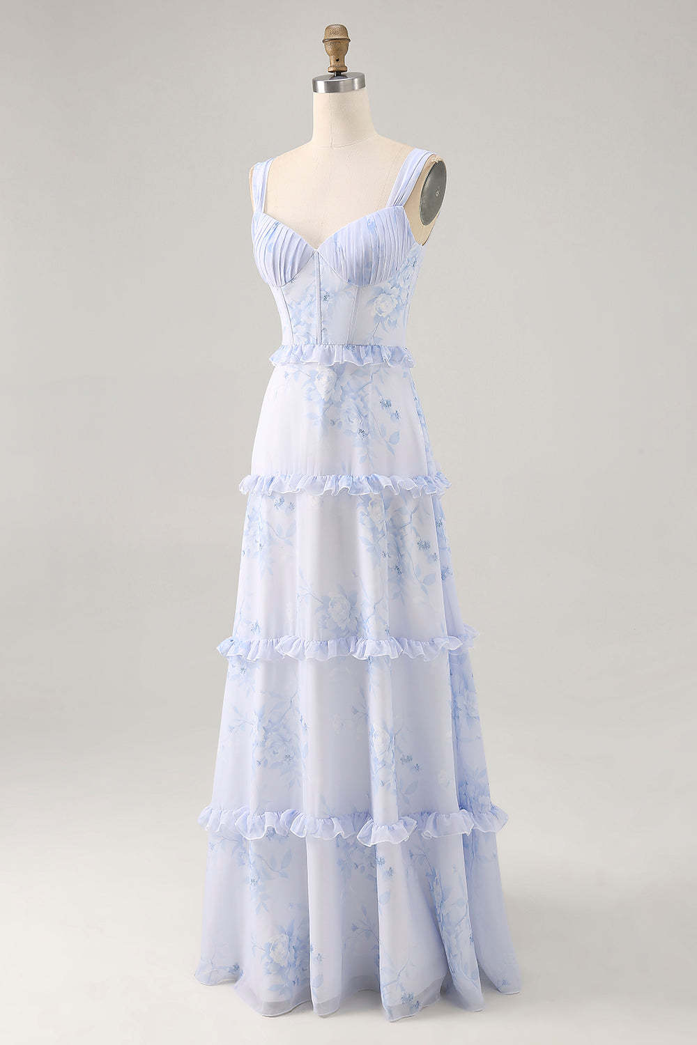 Blue Floral Chiffon Corset Tiered Maxi Wedding Guest Dress with Ruffles