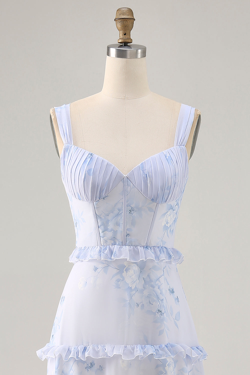 Blue Floral Chiffon Corset Tiered Maxi Wedding Guest Dress with Ruffles