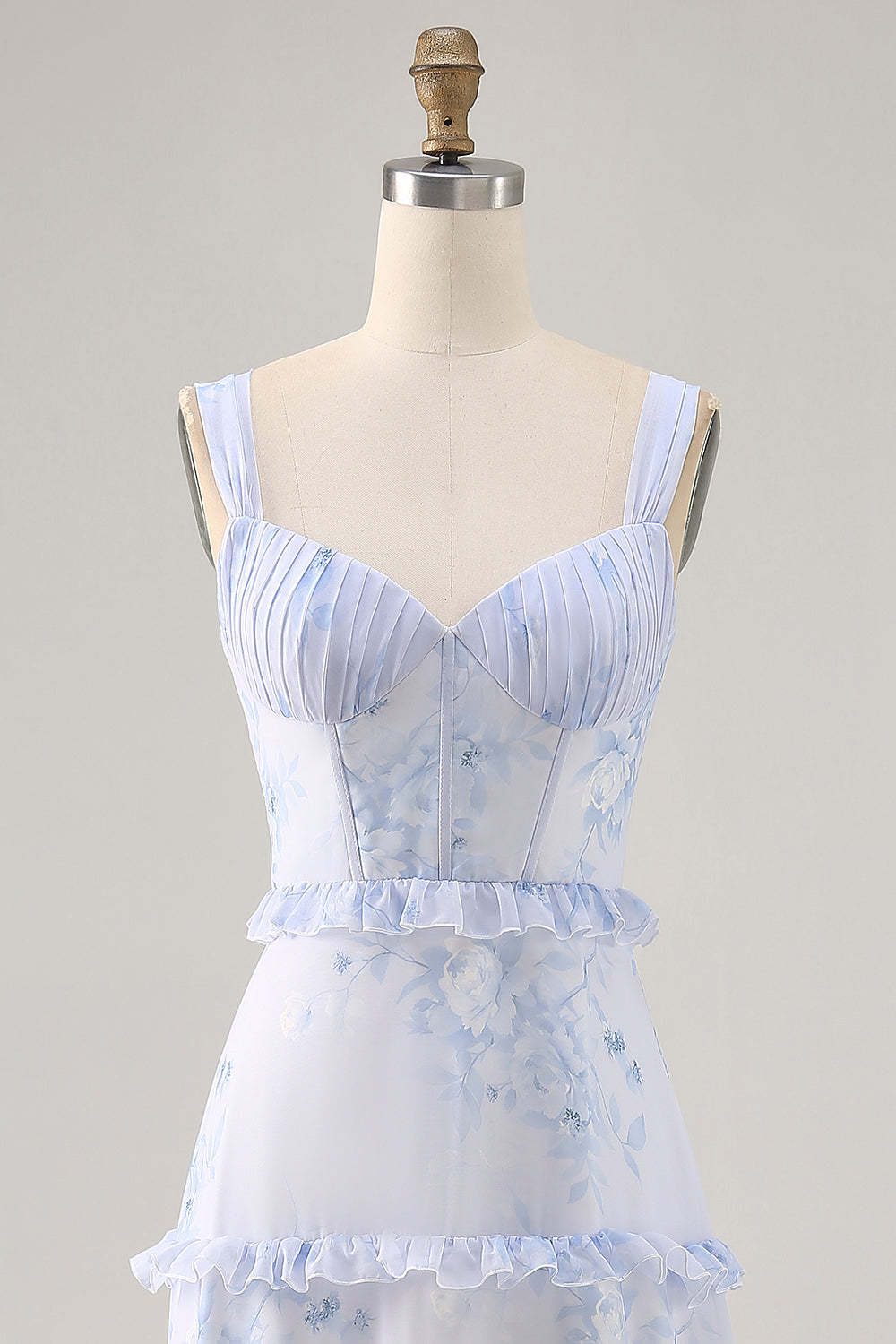 Blue Floral Chiffon Corset Tiered Maxi Wedding Guest Dress with Ruffles