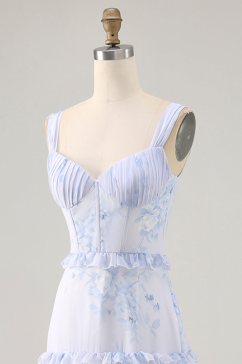 Blue Floral Chiffon Corset Tiered Maxi Wedding Guest Dress with Ruffles