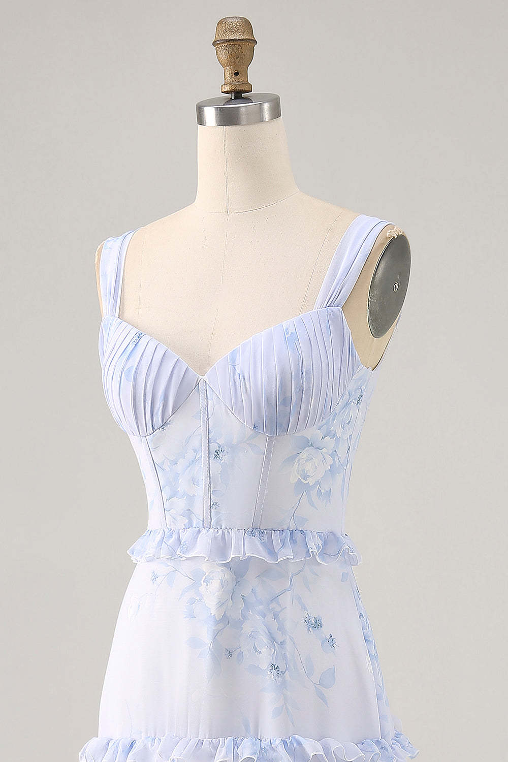 Blue Floral Chiffon Corset Tiered Maxi Wedding Guest Dress with Ruffles