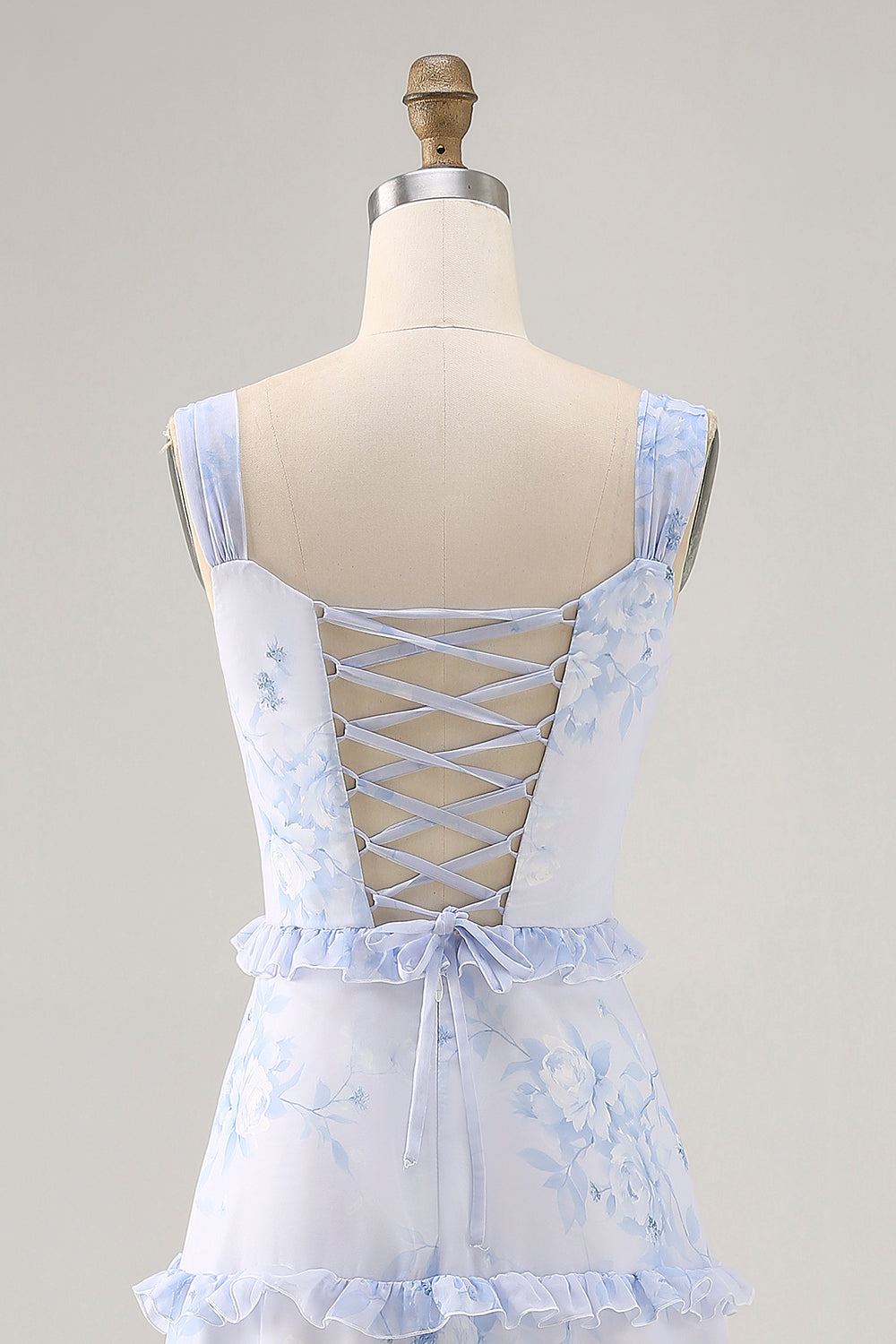 Blue Floral Chiffon Corset Tiered Maxi Wedding Guest Dress with Ruffles