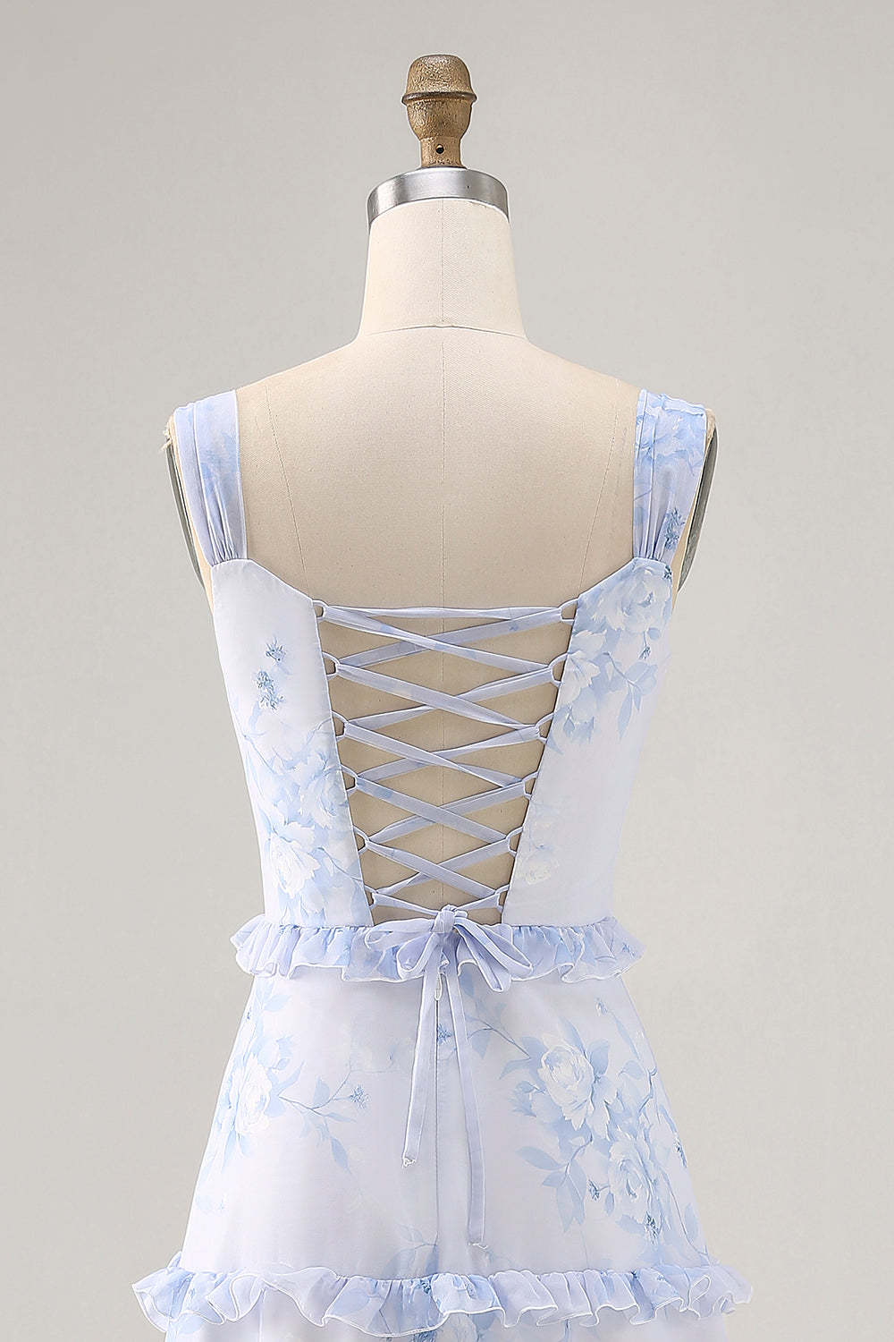Blue Floral Chiffon Corset Tiered Maxi Wedding Guest Dress with Ruffles