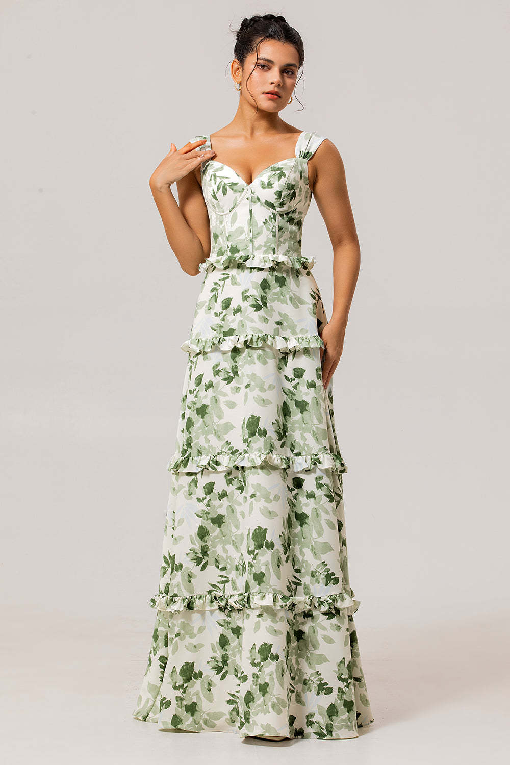 Leely Women Green Floral Corset Summer Wedding Guest Dress with Ruffles Satin Straps Lace Up Back A Line Long Bridesmaid Dress