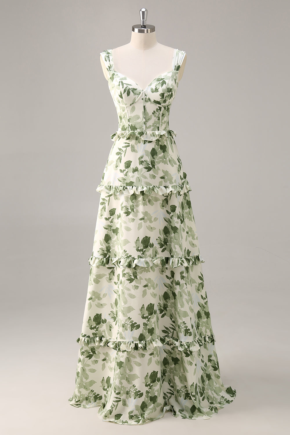 Green Floral Corset Satin A Line Maxi Wedding Guest Dress with Ruffles
