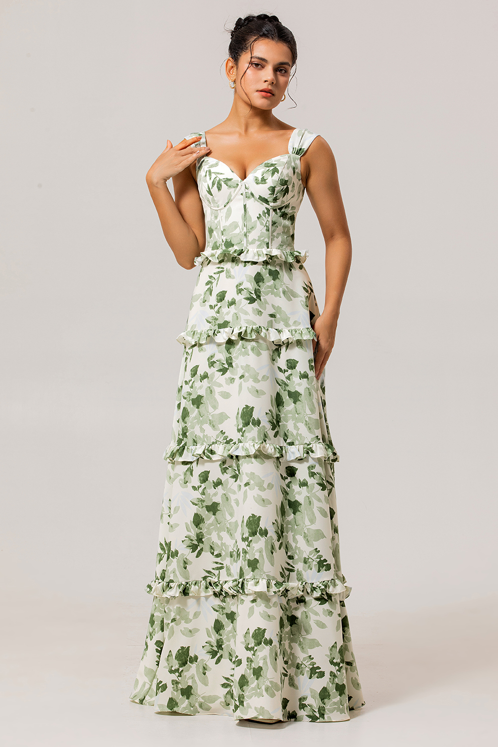 Green Floral Corset Satin A Line Maxi Wedding Guest Dress with Ruffles