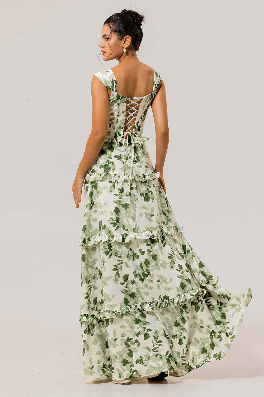 Green Floral Corset A Line Long Wedding Guest Dress with Ruffles