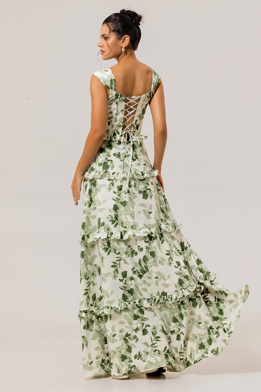 Green Floral Corset Satin A Line Maxi Wedding Guest Dress with Ruffles