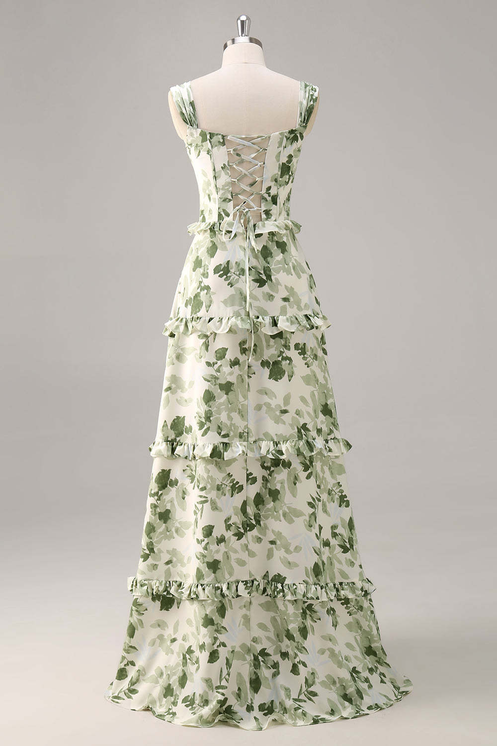 Green Floral Corset Satin A Line Maxi Wedding Guest Dress with Ruffles