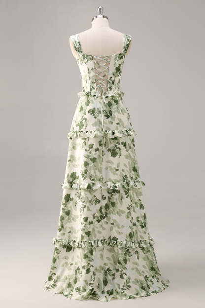 Green Floral Corset Satin A Line Maxi Wedding Guest Dress with Ruffles