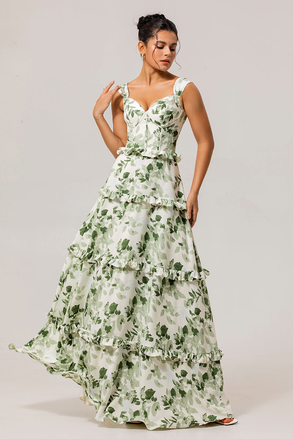 Green Floral Corset A Line Long Wedding Guest Dress with Ruffles