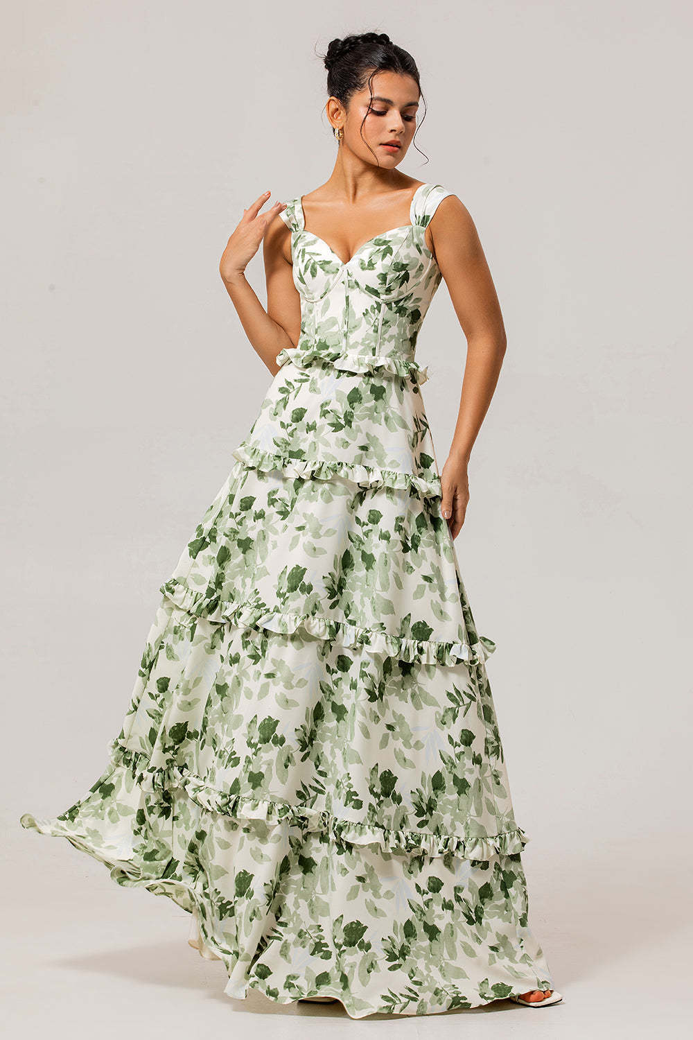 Green Floral Corset A Line Long Wedding Guest Dress with Ruffles