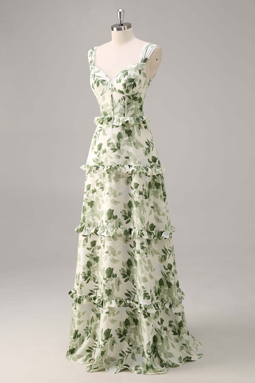 Green Floral Corset Satin A Line Maxi Wedding Guest Dress with Ruffles