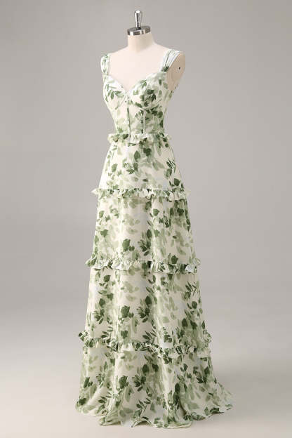 Green Floral Corset Satin A Line Maxi Wedding Guest Dress with Ruffles