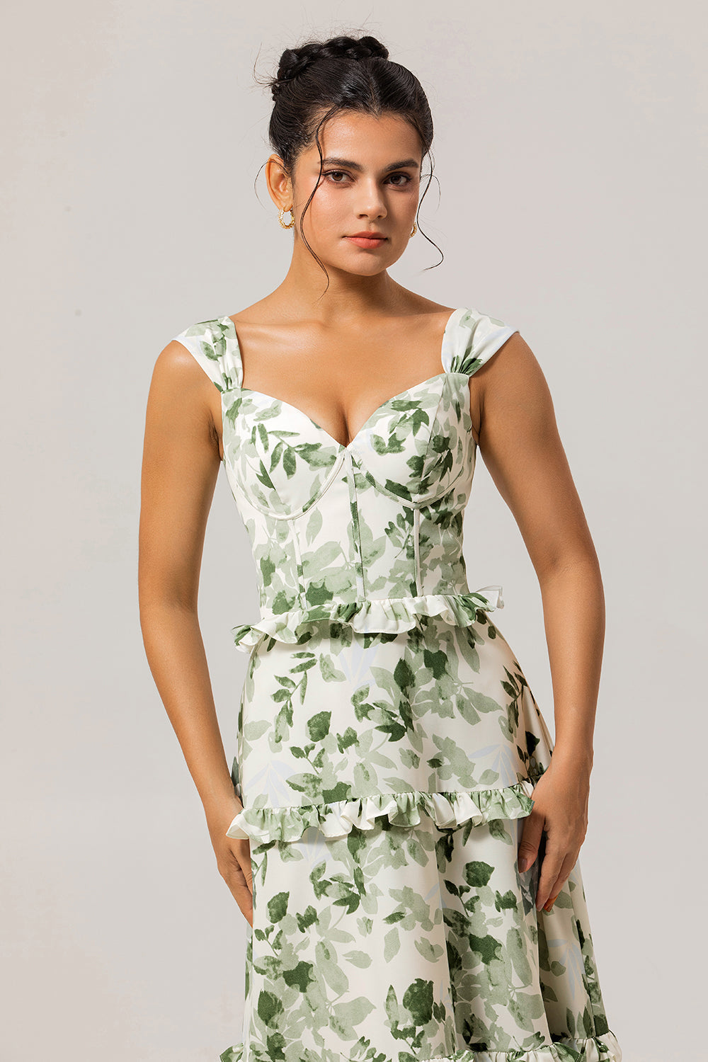 Green Floral Corset A Line Long Wedding Guest Dress with Ruffles