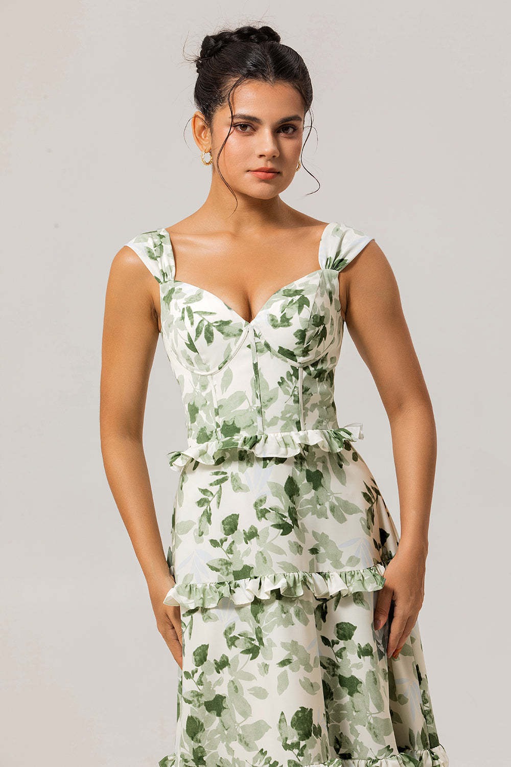 Green Floral Corset A Line Long Wedding Guest Dress with Ruffles