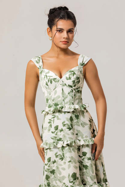 Green Floral Corset A Line Long Wedding Guest Dress with Ruffles
