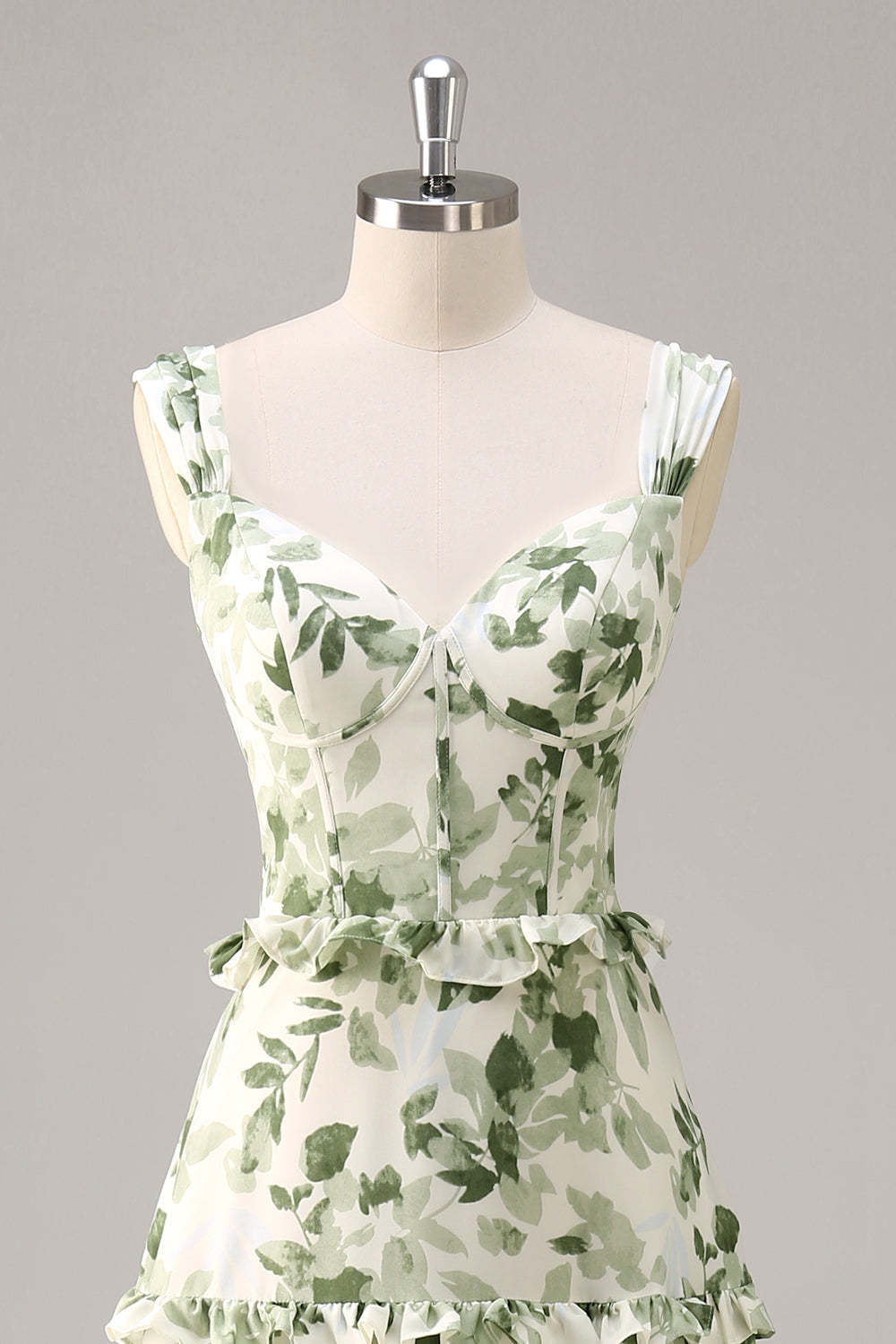 Green Floral Corset Satin A Line Maxi Wedding Guest Dress with Ruffles