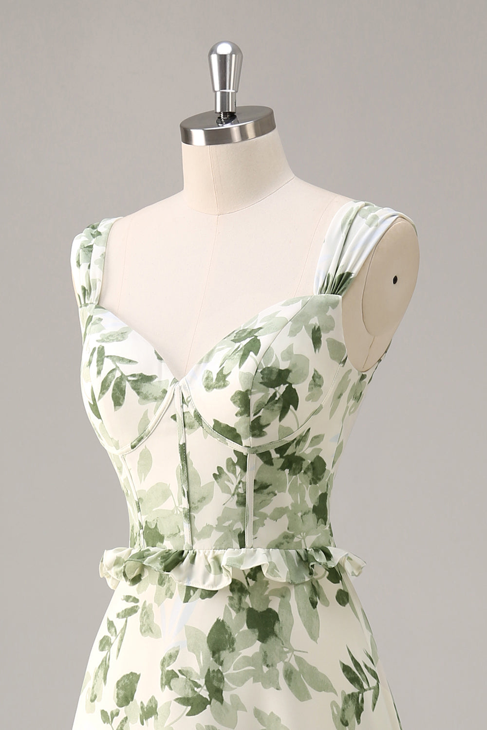 Green Floral Corset Satin A Line Maxi Wedding Guest Dress with Ruffles