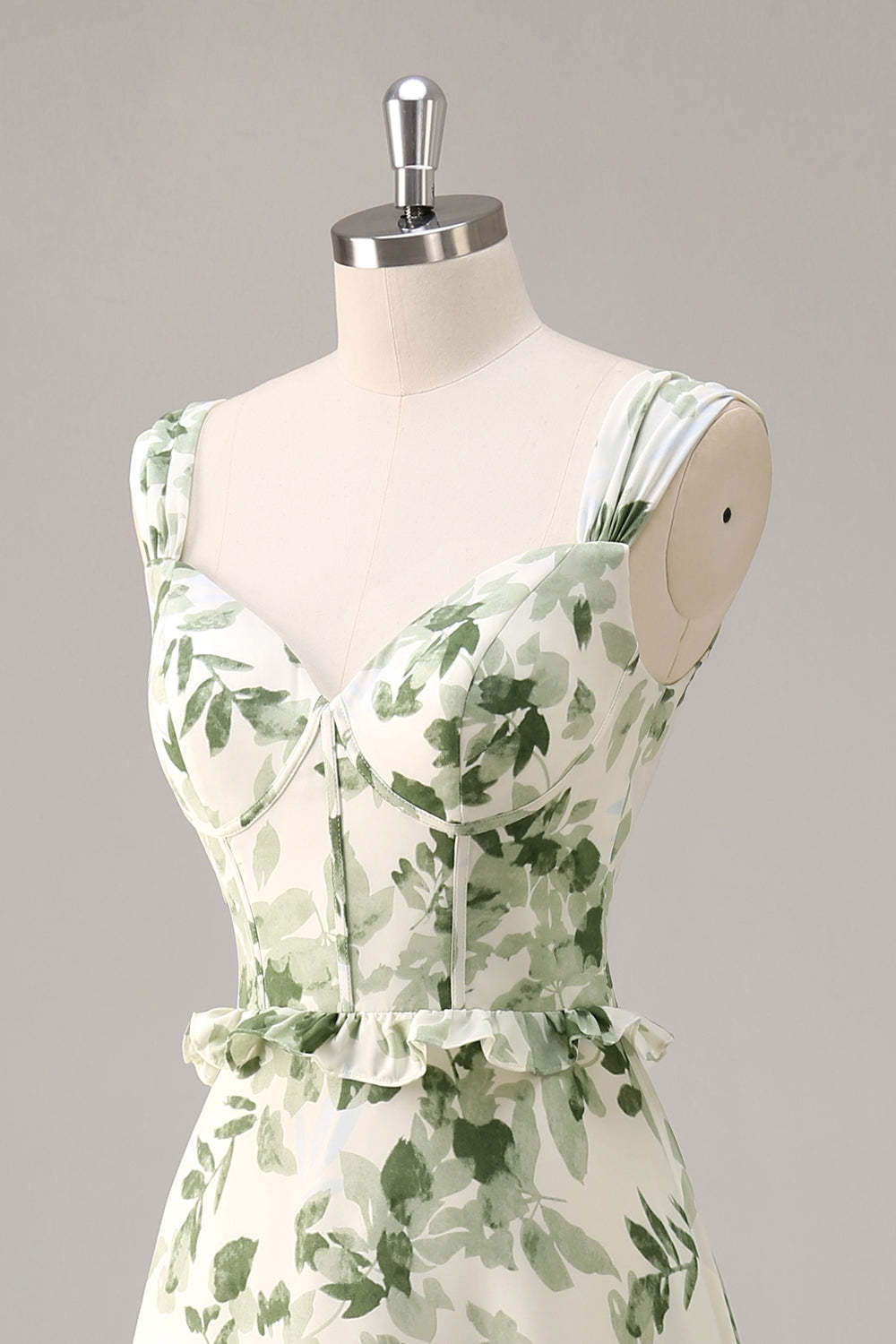 Green Floral Corset Satin A Line Maxi Wedding Guest Dress with Ruffles