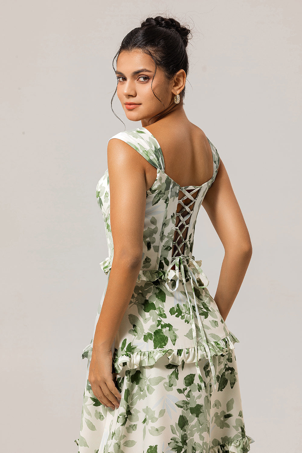 Green Floral Corset A Line Long Wedding Guest Dress with Ruffles