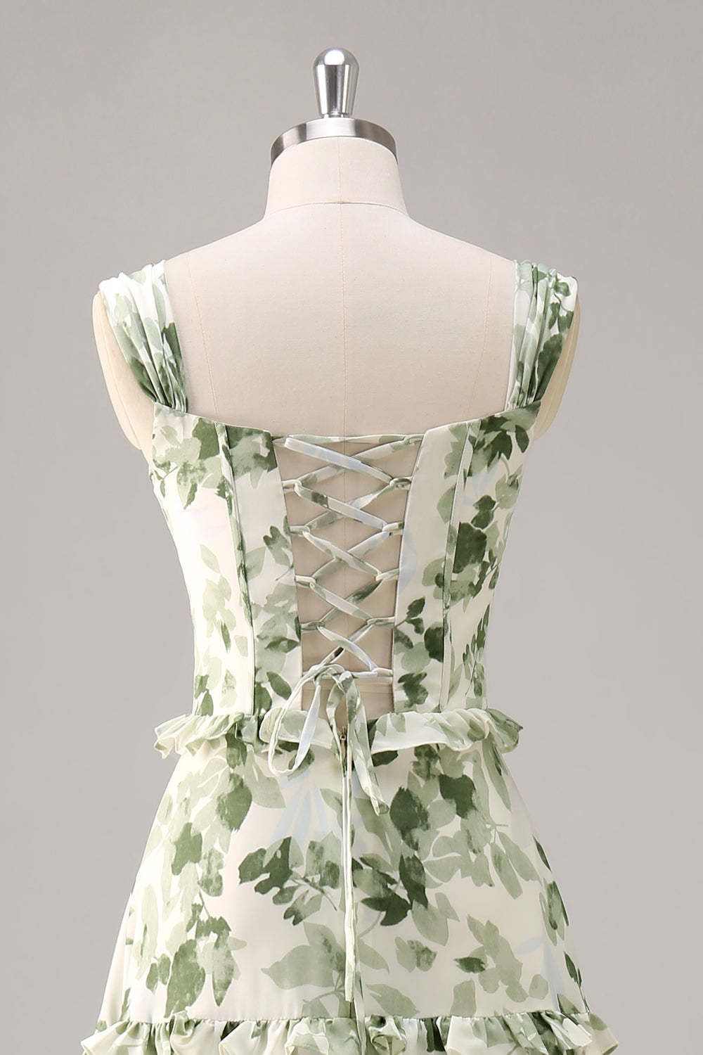 Green Floral Corset Satin A Line Maxi Wedding Guest Dress with Ruffles