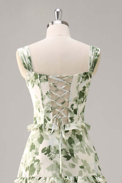 Green Floral Corset Satin A Line Maxi Wedding Guest Dress with Ruffles
