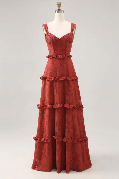 Leely Women Terracotta Corset Maxi Wedding Guest Dress with Ruffles Lace A Line Straps Ruched Lace Up Back Bridesmaid Dress
