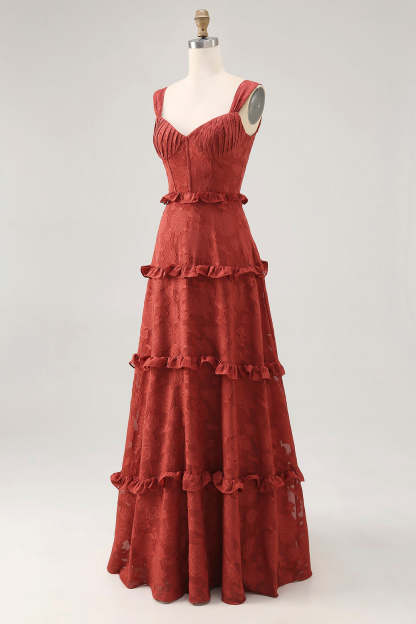 Terracotta Corset Ruffled Maxi Wedding Guest Dress with Lace