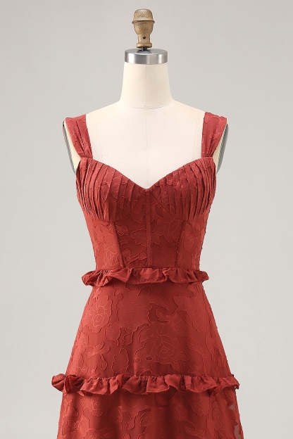 Terracotta Corset Ruffled Maxi Wedding Guest Dress with Lace