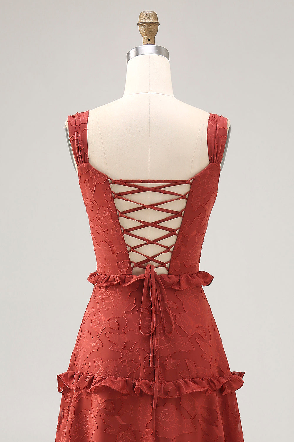 Terracotta Corset Ruffled Maxi Wedding Guest Dress with Lace