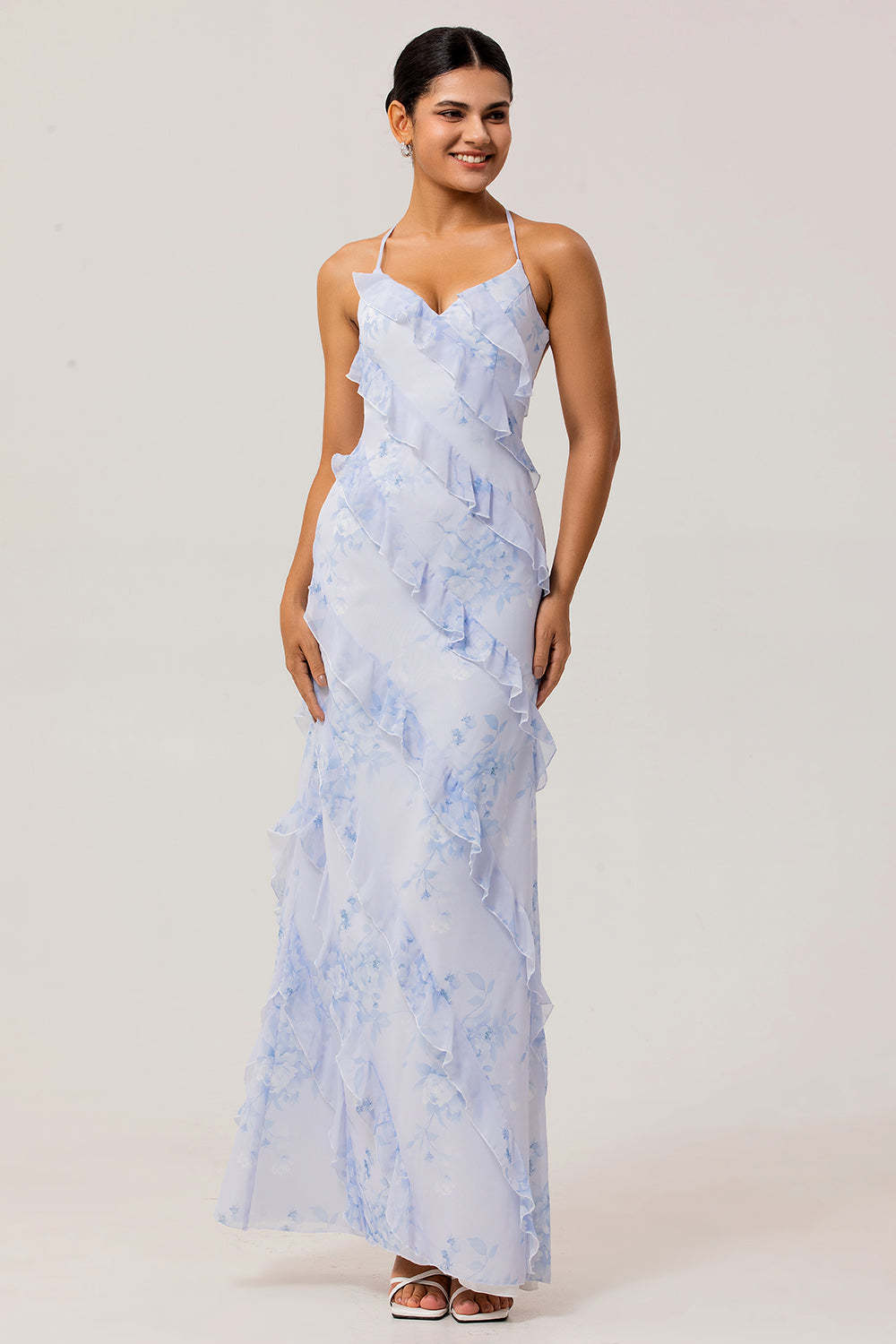 Leely Women Blue Floral Long Chiffon Wedding Guest Dress with Ruffles Spaghetti Straps A Line Criss Crossed Back Bridesmaid Dress