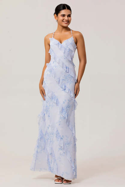Leely Women Blue Floral Long Chiffon Wedding Guest Dress with Ruffles Spaghetti Straps A Line Criss Crossed Back Bridesmaid Dress
