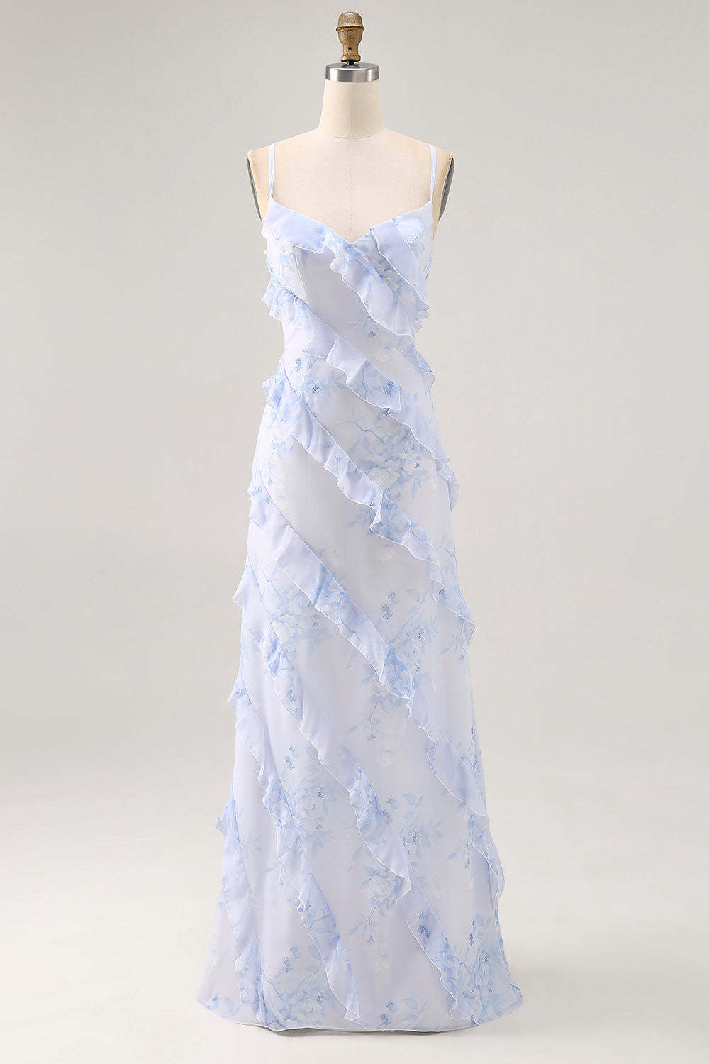 Leely Women Blue Chiffon Floral Maxi Wedding Guest Dress with Ruffles A Line Spaghetti Straps Criss Crossed Back Bridesmaid Dress