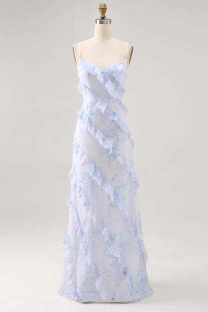Leely Women Blue Chiffon Floral Maxi Wedding Guest Dress with Ruffles A Line Spaghetti Straps Criss Crossed Back Bridesmaid Dress
