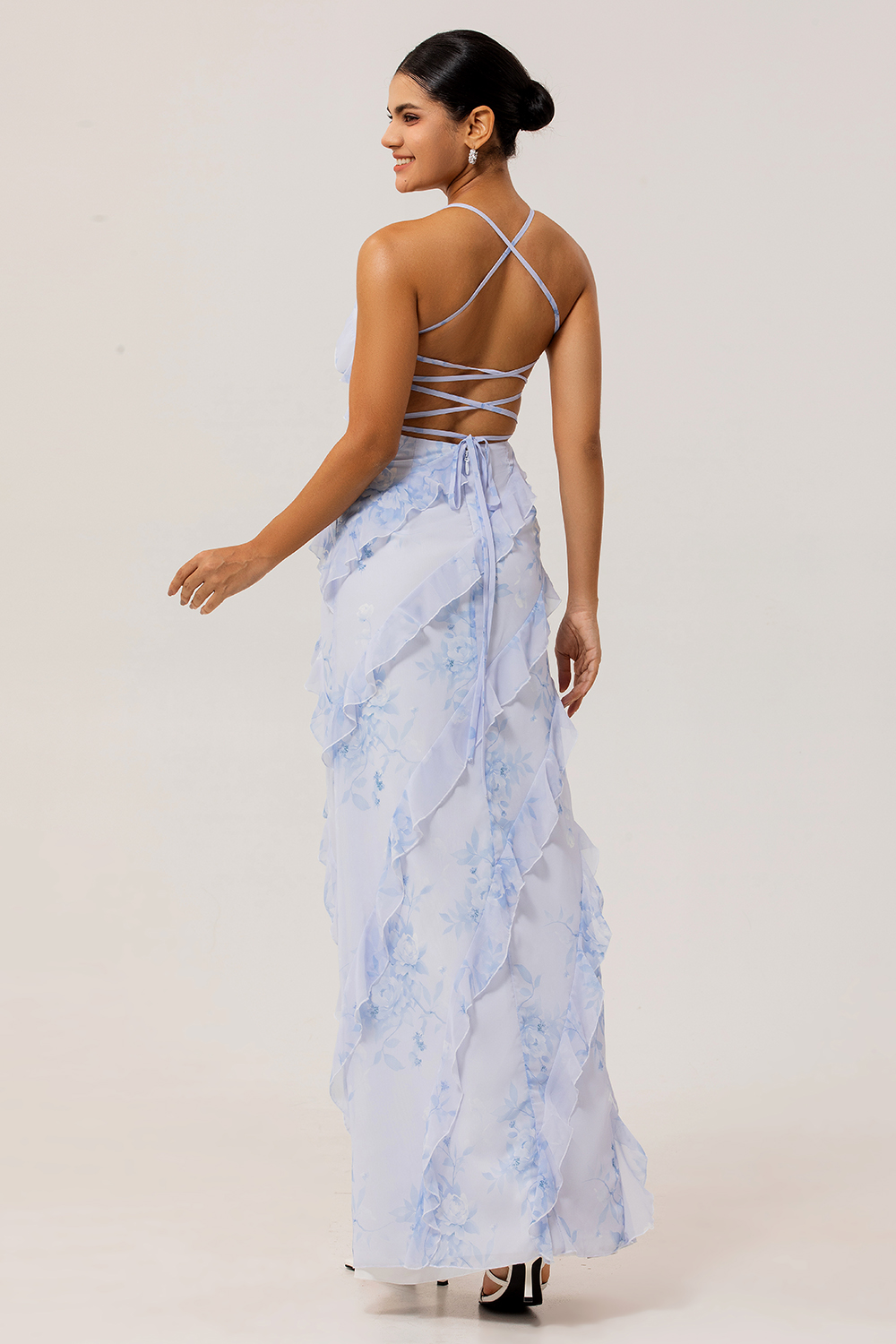 Blue Floral Chiffon Maxi Criss Cross Back Wedding Guest Dress with Ruffles