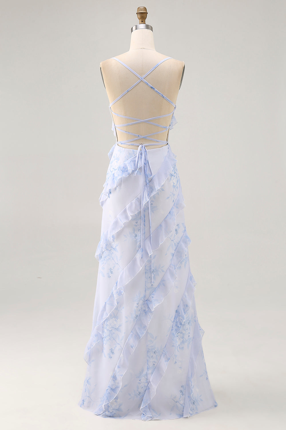 Blue Floral Chiffon Maxi Criss Cross Back Wedding Guest Dress with Ruffles