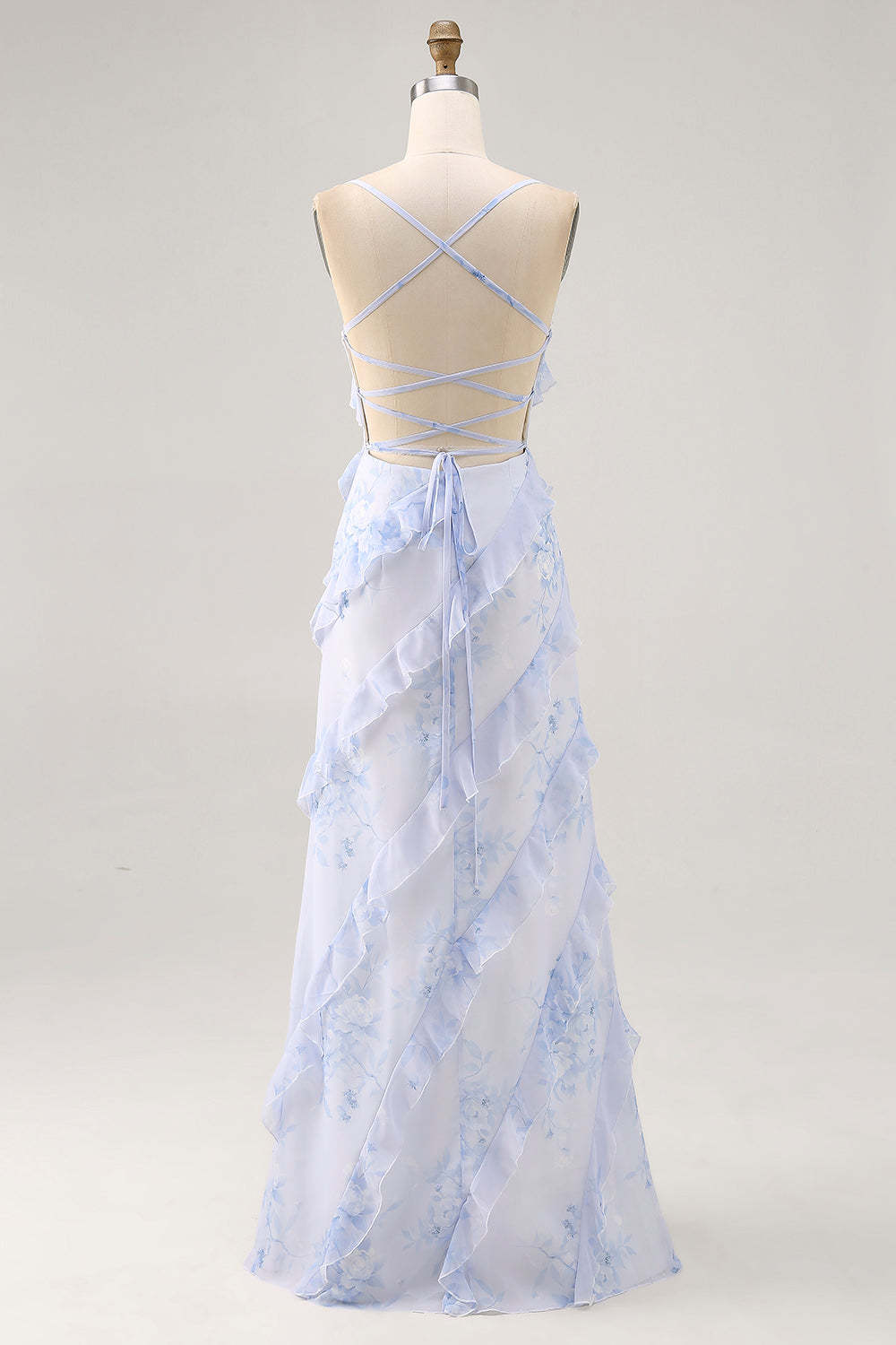 Blue Floral Chiffon Maxi Criss Cross Back Wedding Guest Dress with Ruffles