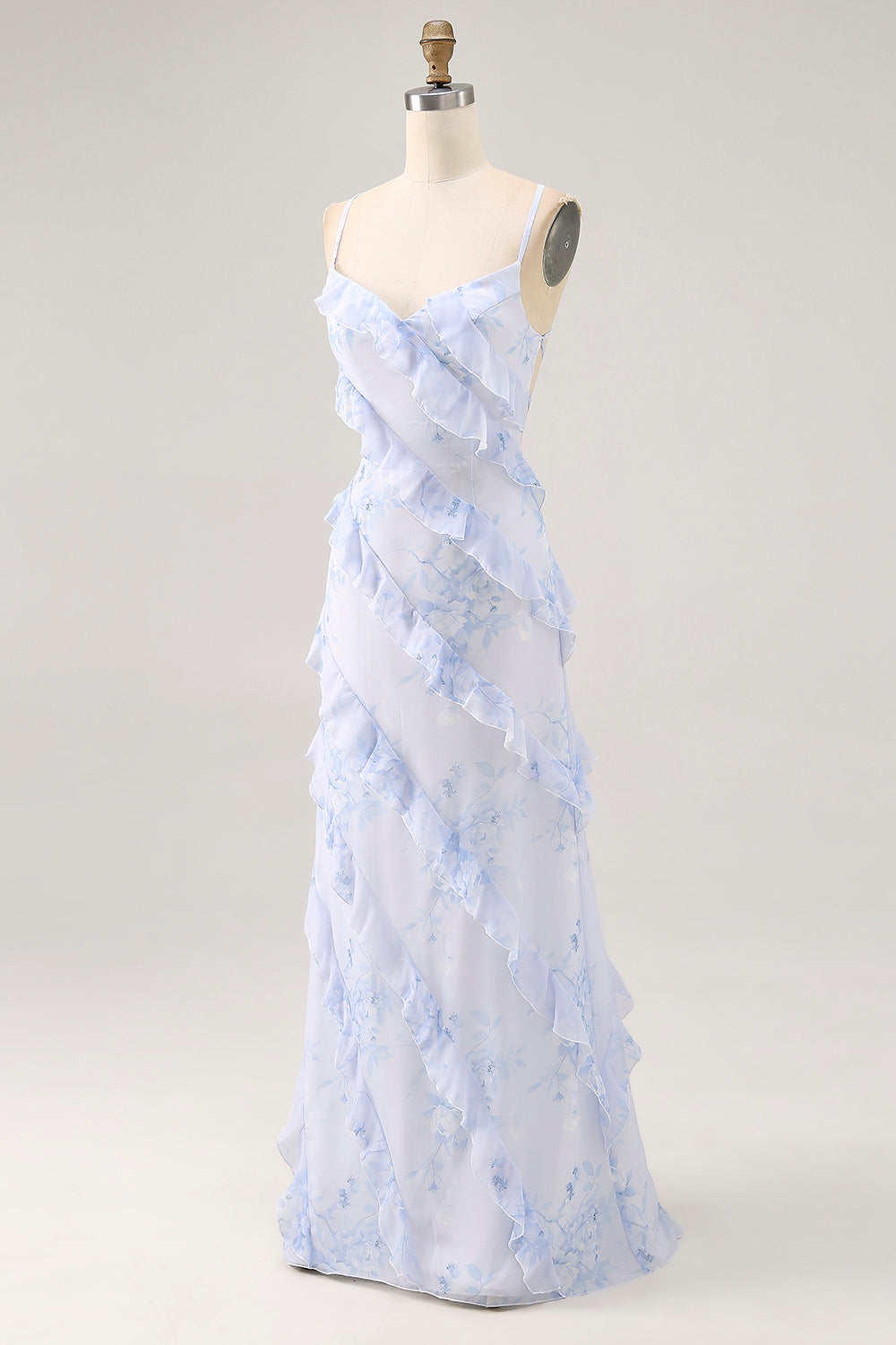 Blue Floral Chiffon Maxi Criss Cross Back Wedding Guest Dress with Ruffles