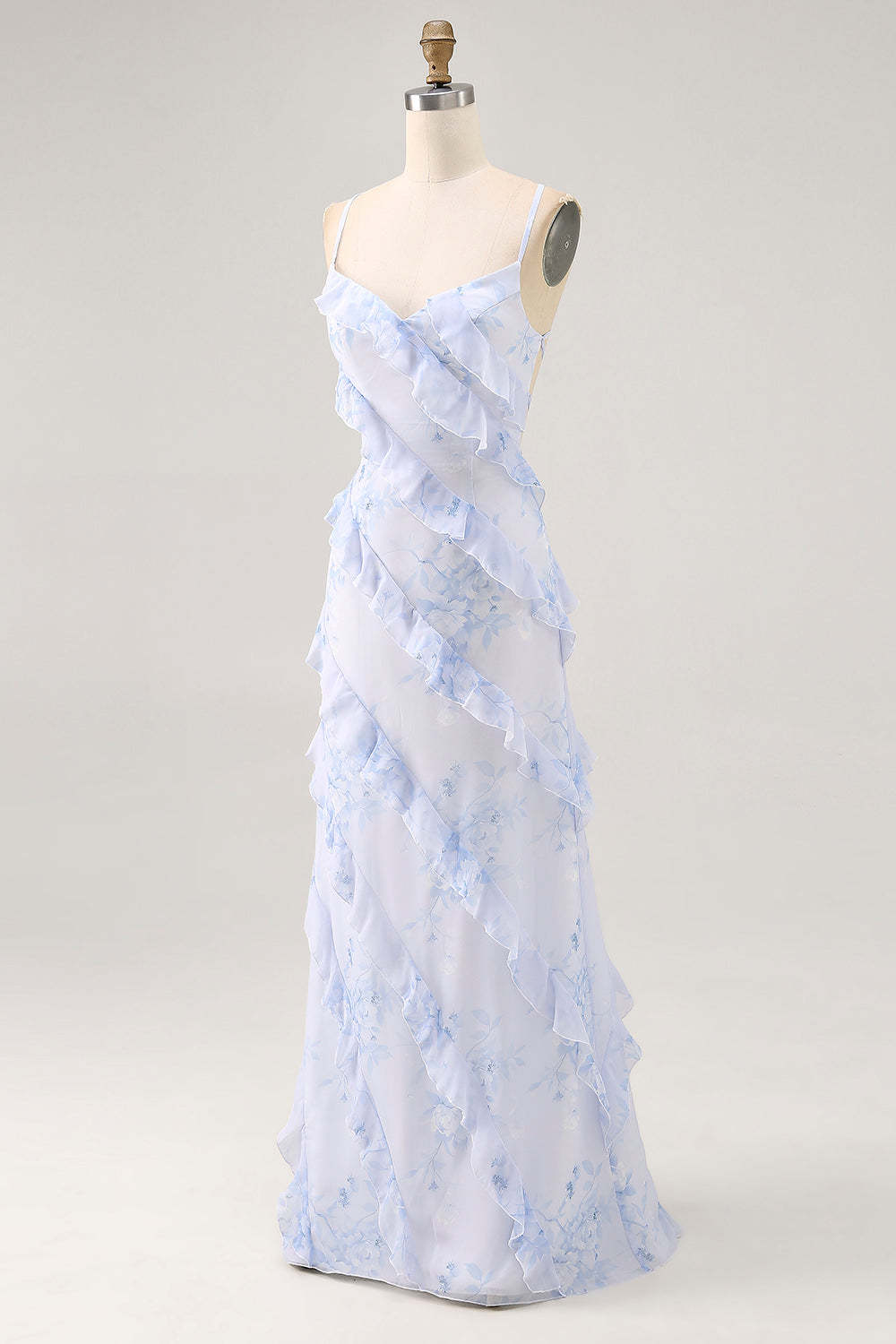 Blue Floral Chiffon Maxi Criss Cross Back Wedding Guest Dress with Ruffles