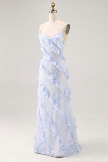 Blue Floral Chiffon Maxi Criss Cross Back Wedding Guest Dress with Ruffles