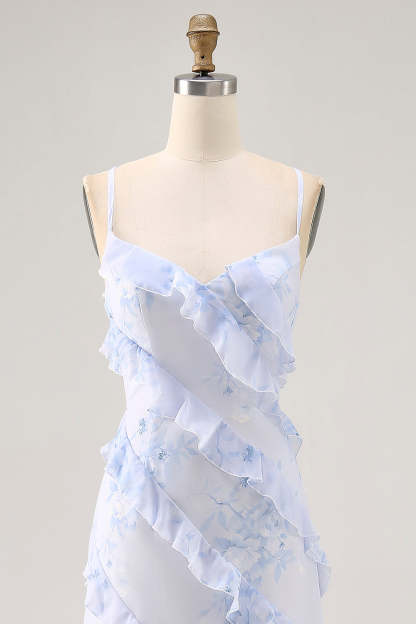 Blue Floral Chiffon Maxi Criss Cross Back Wedding Guest Dress with Ruffles